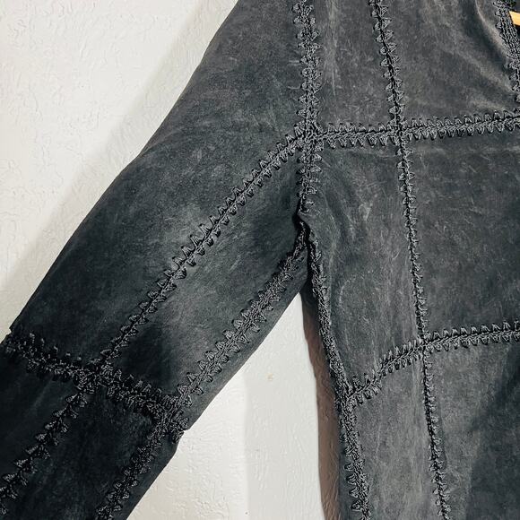 Vintage Suede Crochet Patchwork Jacket Shacket Black Knit Square Button Front S - Picture 9 of 12